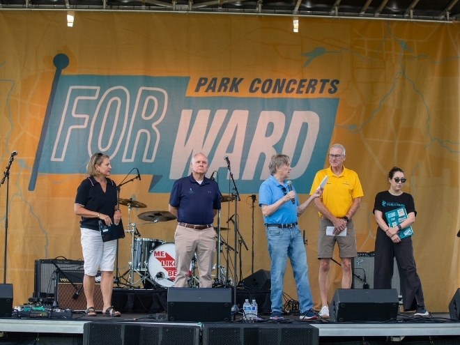 Speakers on the FORWARD Park Concerts stage at Cook Park in Rochester Minnesota