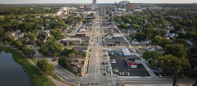 Aerial view of the North Broadway corridor in Rochester Minnesota looking toward downtown